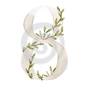 Beautiful stock illustration with watercolor hand drawn number 8 and leaves clip art. Eight month, year.