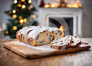 Beautiful stollen christmas cake with raisins, tree and fireplace in the background and copy space