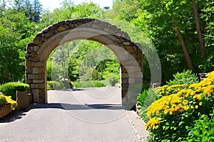 A beautiful stone arch architecture, nature landscape, brick archway, generative ai