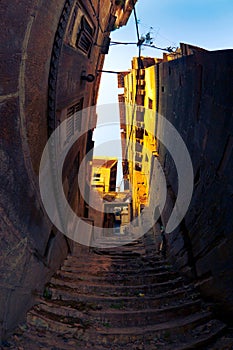 Beautiful stone architecture of narrow streets in Varanasi