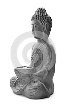 Beautiful stone Buddha sculpture with flower petals isolated on white