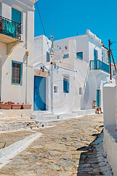 Beautiful stone-built street with old traditional houses in Chora of Amorgos in Greece