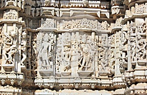 Beautiful stone carving at ancient sun temple at ranakpur