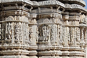 Beautiful stone carving at ancient sun temple at ranakpur