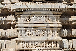 Beautiful stone carving at ancient sun temple at ranakpur