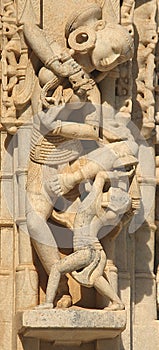 Beautiful stone carving at ancient sun temple at ranakpur