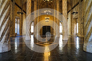 Beautiful stone columns in grand old meeting hall