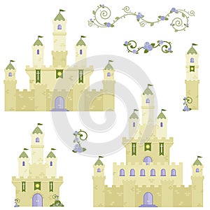 Beautiful Stone Fairy Tale Fantasy Castle Tower Design Set Flat Vector Illustration Isolated on White