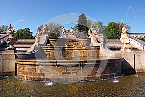 Beautiful stone fountain in the garden of Cesky Krumlov castle.