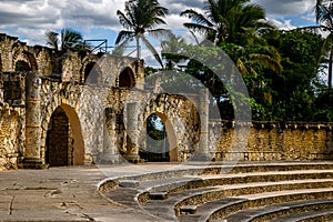 Beautiful stone-made building with palm trees in Altos de Chavon village, Dominican republic