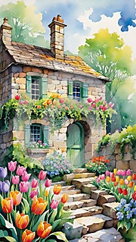 Beautiful stone old house in the garden with flowers.