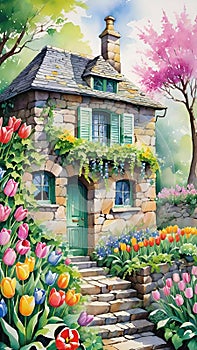 Beautiful stone old house in the garden with flowers.