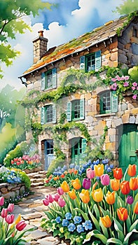 Beautiful stone old house in the garden with flowers.