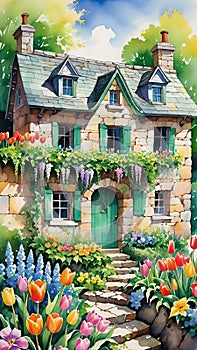 Beautiful stone old house in the garden with flowers.