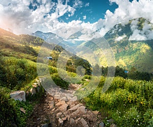 Beautiful stone trail in mountain valley at sunset in spring