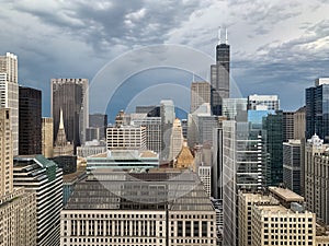 Beautiful storm rolling in over skyscrapers of Chicago Loop photo