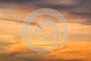 Beautiful stormy natural sunset sunrise sky. Cloudy abstract background, Sun Over Skyline, Horizon. Warm Colours