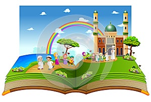 the beautiful story book with the children playing near the mosque on it