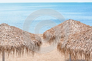 Beautiful straw umbrellas on sandy beach near sea