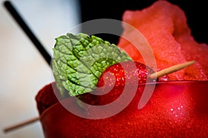Beautiful strawberry cocktail or ice cream on bar counter. Close up