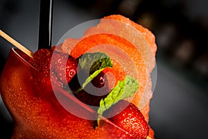 Beautiful strawberry cocktail or ice cream on bar counter. Close up