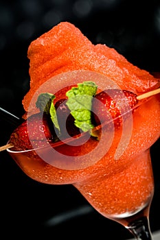 Beautiful strawberry cocktail or ice cream on bar counter. Close up