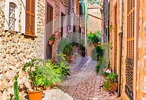 Beautiful street alley in mediterranean village on Majorca Spain