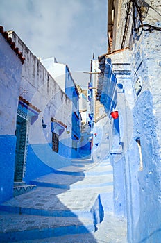 Beautiful street of blue medina in city Chefchaouen,  Morocco, Africa