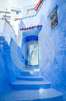 Beautiful street of blue medina in city Chefchaouen,  Morocco, Africa
