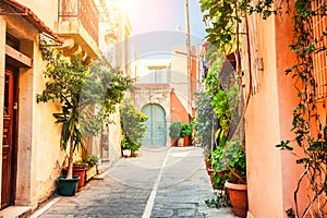 Beautiful street in Chania, Crete island, Greece