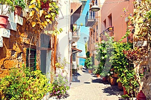 Beautiful street in Chania, Crete island, Greece.