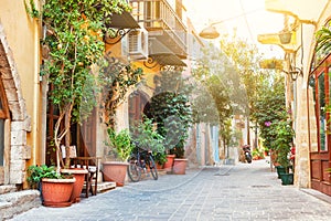 Beautiful street in Chania, Crete island, Greece