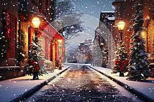 Beautiful street decorated for Christmas in winter in the evening, generated by AI