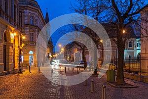 Beautiful street in the evening in Sibiu, Romania