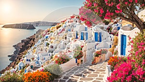 Beautiful street flowers, Santorini, Greece tourism outdoors tradition scenery town