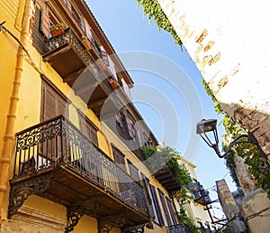 Beautiful street with Italian style houses in Chania, Crete island, Greece. Summer landscape