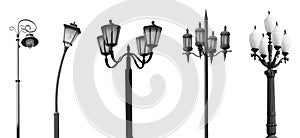 Beautiful street lamps in retro style on white background, collage. Banner design