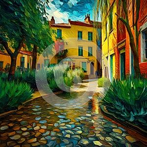 Beautiful street scene impasto painting - ai generated image