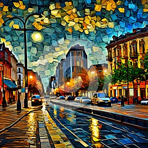 Beautiful street scene impasto painting - ai generated image