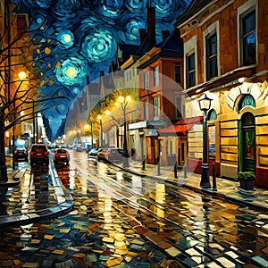 Beautiful street scene impasto painting - ai generated image