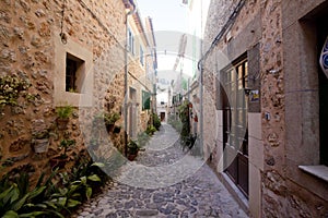 Beautiful street in Valldemossa, famous old mediterranean village of Majorca Spain.