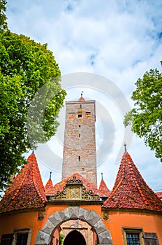 Beautiful streets in Rothenburg ob der Tauber with traditional German houses, Bavaria, Germany