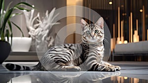 Beautiful striped grey cat with big eyes. Curious playful pet with big ears in a nice home. AI Generated