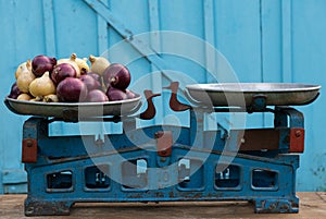 Beautiful strong heads of white and red onions on a bowl of old scales of the Soviet period against a blurred background.