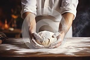 Beautiful and strong men\'s hands baker chef knead the dough on the wooden table make for bread, pasta or pizza.