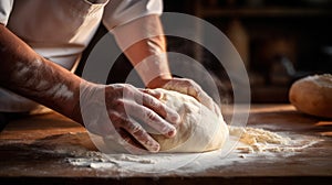 Beautiful and strong mens hands knead the dough make bread, pasta or pizza. Powdery flour flying into air. chef hands