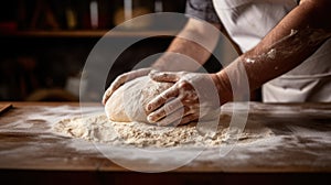 Beautiful and strong mens hands knead the dough make bread, pasta or pizza. Powdery flour flying into air. chef hands