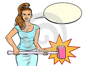 Beautiful strong woman with a hammer. Feminism