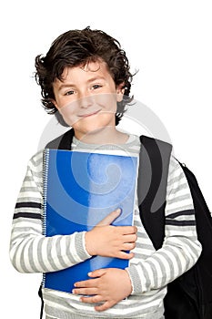 Beautiful student child with heavy backpack