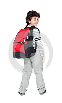Beautiful student child with heavy backpack